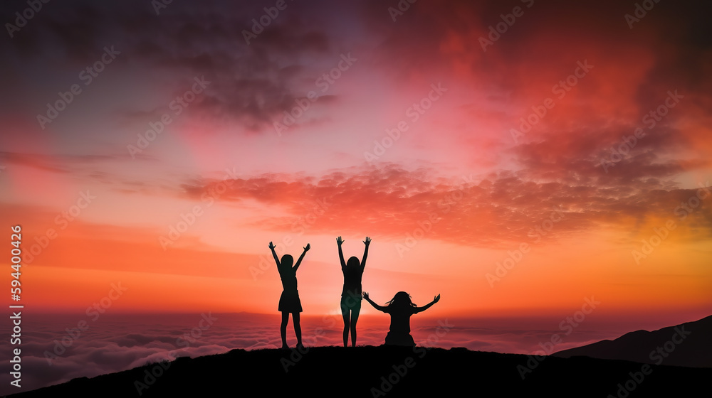 Silhouette of three girls with arms raised on top of a mountain above the clouds at sunset or sunrise. Generative AI