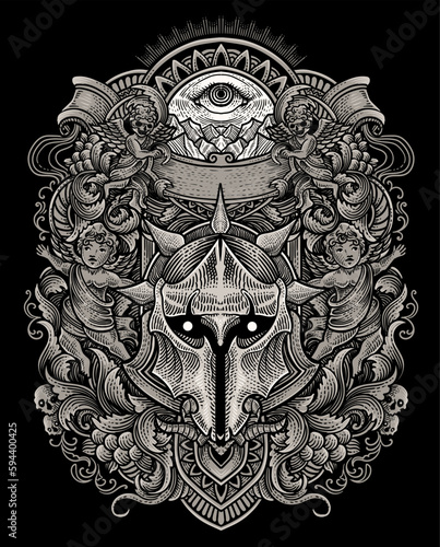 illustration knight helmet with vintage engraving ornament perfect for your business and merchandise