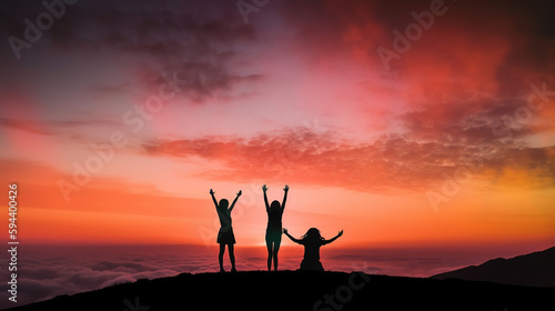 Silhouette of three girls with arms raised on top of a mountain above the clouds at sunset or sunrise. Generative AI