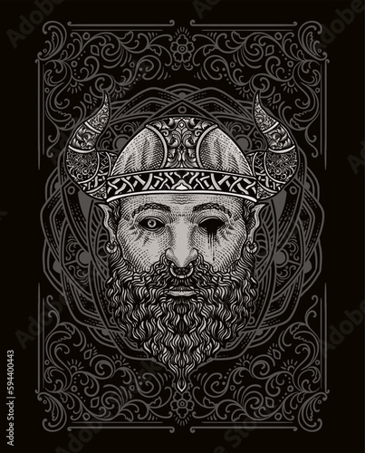 Illustration of viking head with vintage engraving ornament in back perfect for your business and Merchandise