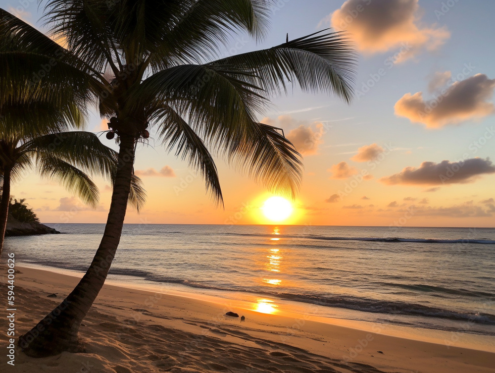 A Beach and a Palm Tree at Sunset | Generative AI