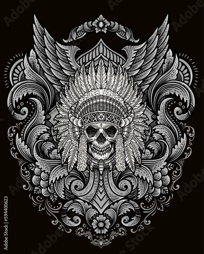 Illustration of indian apaches skull head with vintage engraving ornament in back perfect for your business and Merchandise