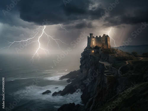 A Castle on a Rocky Ocean Cliff During a Storm | Generative AI