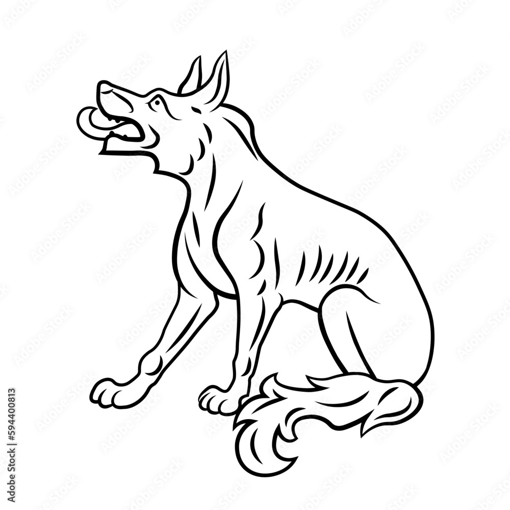 Sitting heraldic wolf dog with lying tail and  protruding tongue. Symbol, sign, icon, silhouette, tattoo. Line. Isolated vector illustration.