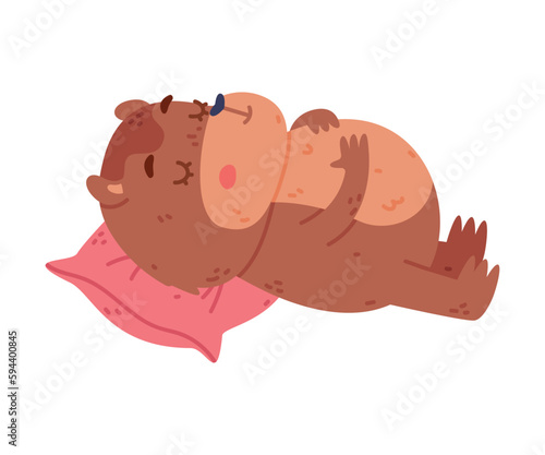 Cute Hamster Character with Stout Body Lying and Sleeping on Pink Pillow Vector Illustration