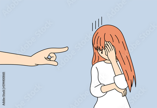 A distressed woman stands offended and points a finger at her. A sad woman feels oppressed and is bullied. Vector illustration