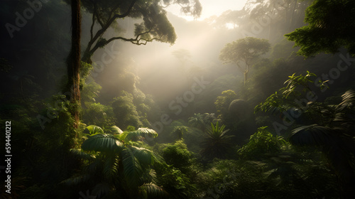 tropical rainforest, captured in the early morning mist