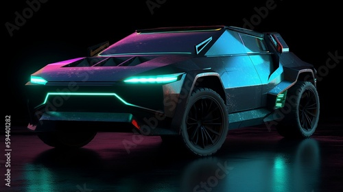 Glossy  metallic  neon  contrast Cybertruck is built with an exterior shell made for ultimate durability and passenger protection. Generative AI