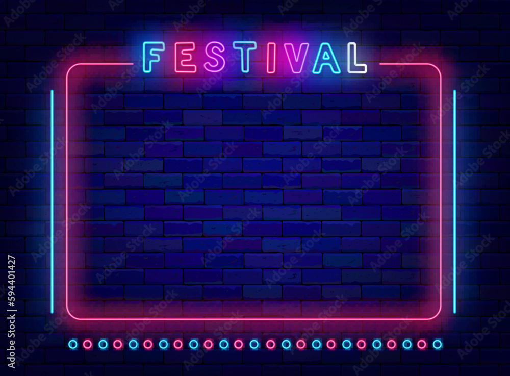 Festival neon banner with space for text. Night show advertising. Music party, comedy invitation. Vector illustration Festival neon banner with space for text. Night show advertising. Music party, comedy invitation. Vector illustration