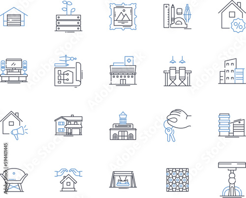 Lodging and living space line icons collection. Hotel, Airbnb, Hostel, Cottage, Villa, Bungalow, Lodge vector and linear illustration. Guesthouse,Homestay,Inn outline signs set