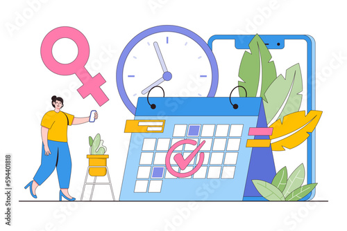 App for tracking menstrual cycle and ovulation concept. Young woman marks the date of her period in the online calendar. Minimal vector illustration for landing page, web banner, hero images