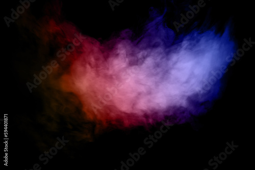 Beautiful horizontal column of smoke in the neon bright light of blue pink and orange on a black background exhaled out of the vape. Nice pattern for printing and backdrop of colored waves. © Philip