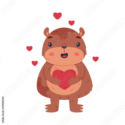 Cute Hamster Character with Stout Body Holding Red Heart Feeling Love Vector Illustration