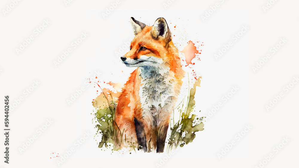 AI Generated: adorable fox in watercolour, orange tones