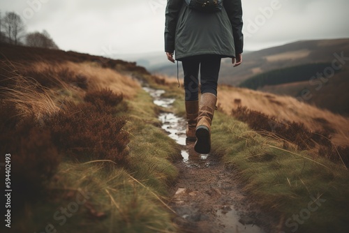 Fotografiet Cropped image of woman's legs walking among mountainside trail under the rain
