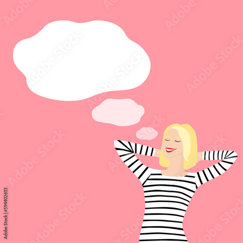 A woman in a striped sweater dreaming of something flat vector. Comment ballon.