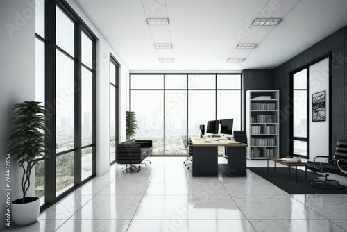 Office interior with panoramic window and city view © Олег Фадеев