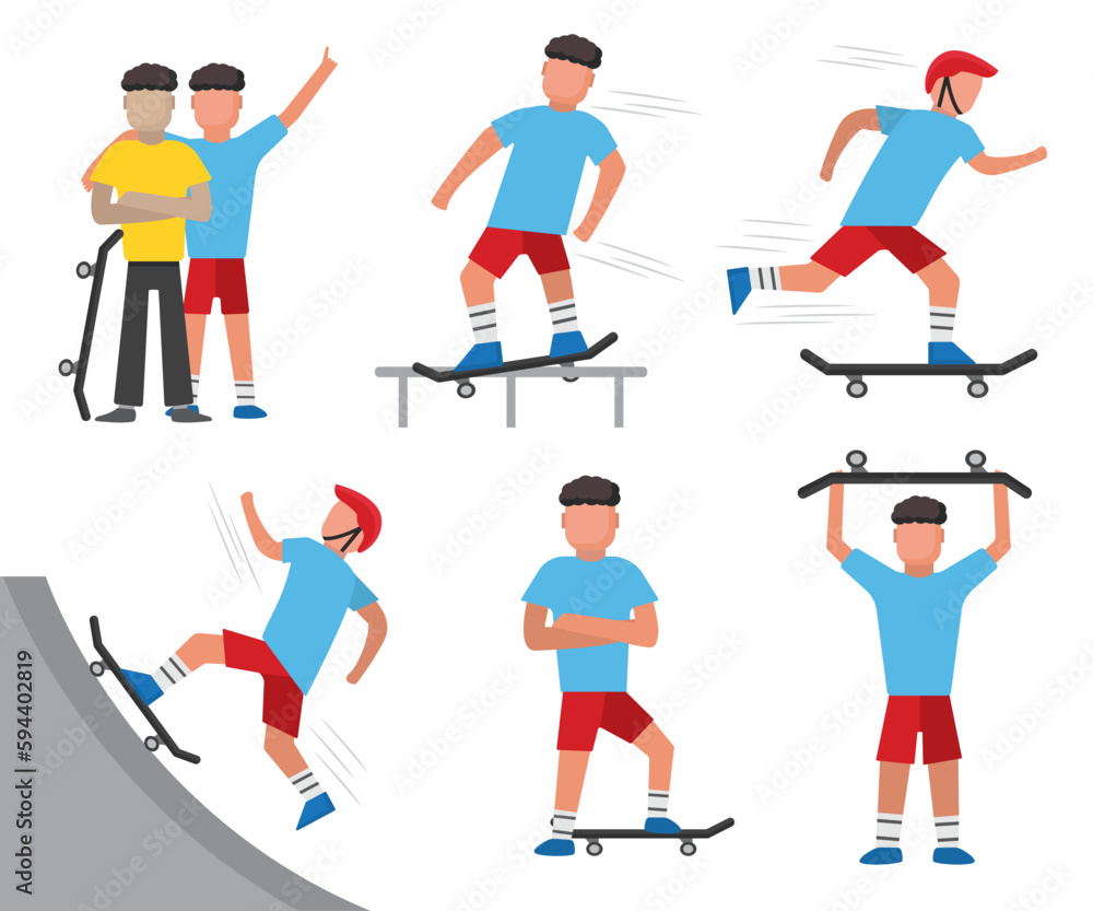 skaters. set of male characters on skateboard, athletes in T-shirts doing tricks on skateboard in skatepark. vector cartoon simple characters.