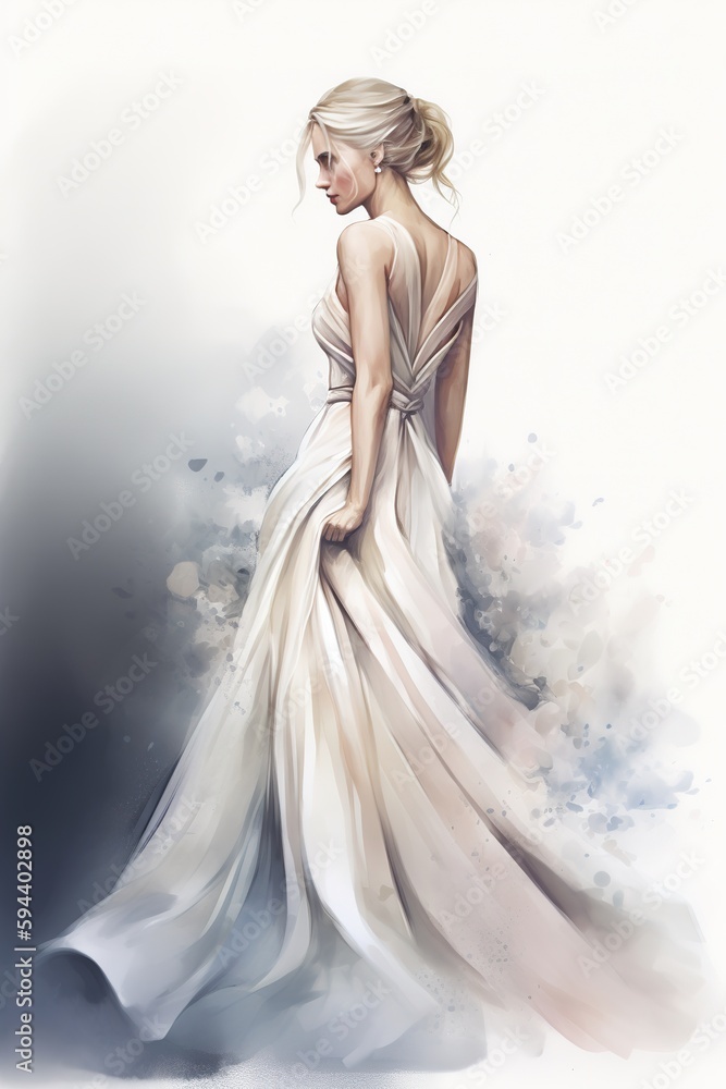 Watercolor illustration of woman wearing elegant wedding dress. Vertical Generative AI digital art
