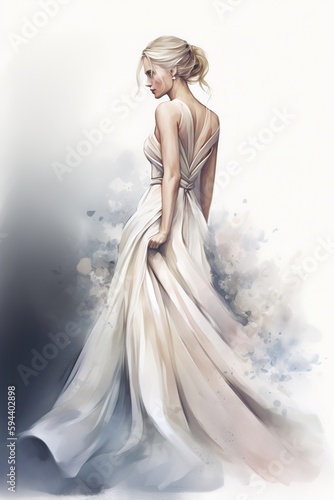 Watercolor illustration of woman wearing elegant wedding dress. Vertical Generative AI digital art