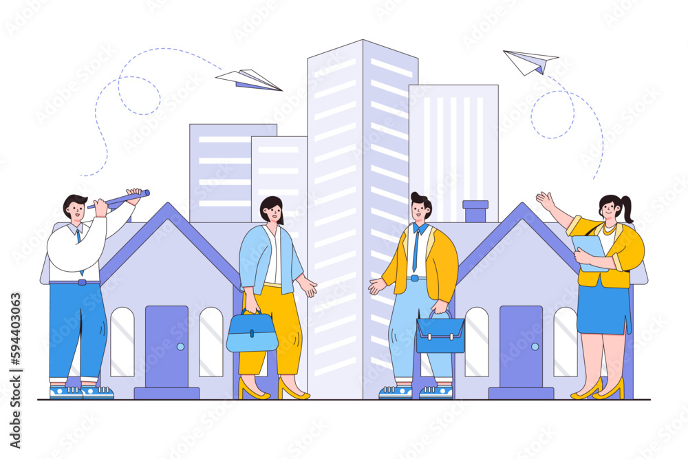 Real estate business concept. Market growth, exchange of living space, presentation of house and apartment. Outline design minimal vector illustration for landing page, web banner, hero images Real estate business concept. Market growth, exchange of living space, presentation of house and apartment. Outline design minimal vector illustration for landing page, web banner, hero images