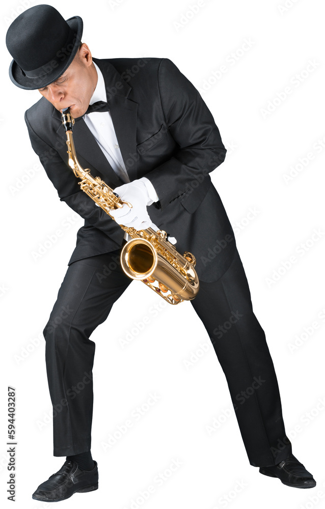 Fototapeta premium Man playing on saxophone isolated on white background