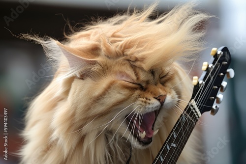 cat like as rock star headbanging in concert to electric guitar riffs, created with generative ai photo