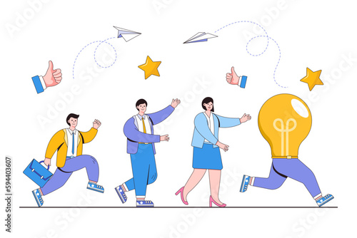 Running away idea  unattainable thought  search for new solutions concept. Business people trying to catch up a light bulb. Outline design minimal vector illustration for landing page  web banner