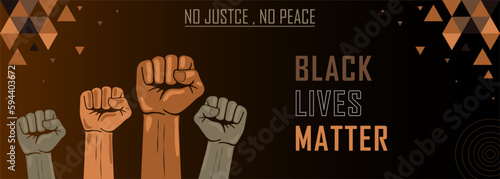 Black lives matter campaign banner with raised fists, support black people to gain equal rights, human unity of different races, Stop racism, interracial community awareness