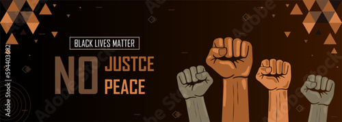 Black lives matter campaign banner with raised fists, support black people to gain equal rights, human unity of different races, Stop racism, interracial community awareness