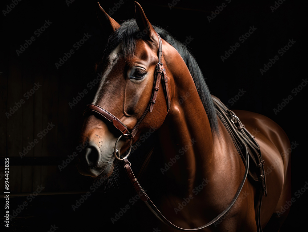 Fototapeta premium Elegant horse portrait on black background. Beautiful lonely racehorse