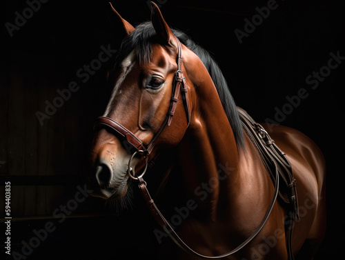 Elegant horse portrait on black background. Beautiful lonely racehorse © Falk