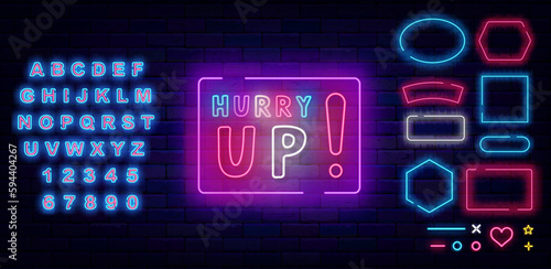 Hurry up neon advertising. Exclusive shopping offer. Special offer. Glowing blue alphabet. Vector stock illustration