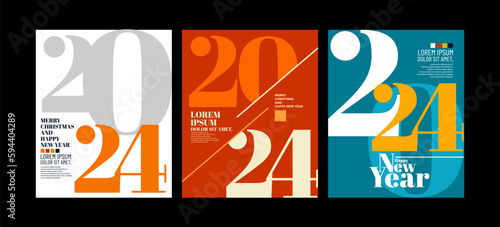 2024 Colorful set of Happy New Year posters. Abstract design with typography style. Vector logo 2024 for celebration and season decoration, backgrounds for branding, banner, cover, card and or social 