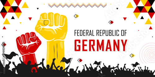 Germany independence day banner abstract background, cheering people with flags, copy space for text, red, black and yellow color geometric design with shapes
