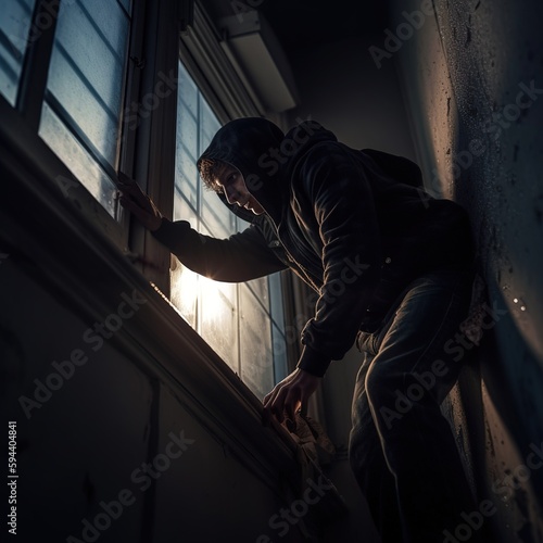 A thief tries to open a window in an apartment to break in for a robbery.  AI generation © Volodymyr