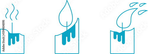 candles with fire, burning blue candles to illuminate dark rooms, an extinguished candle and dripping wax, vector illustration