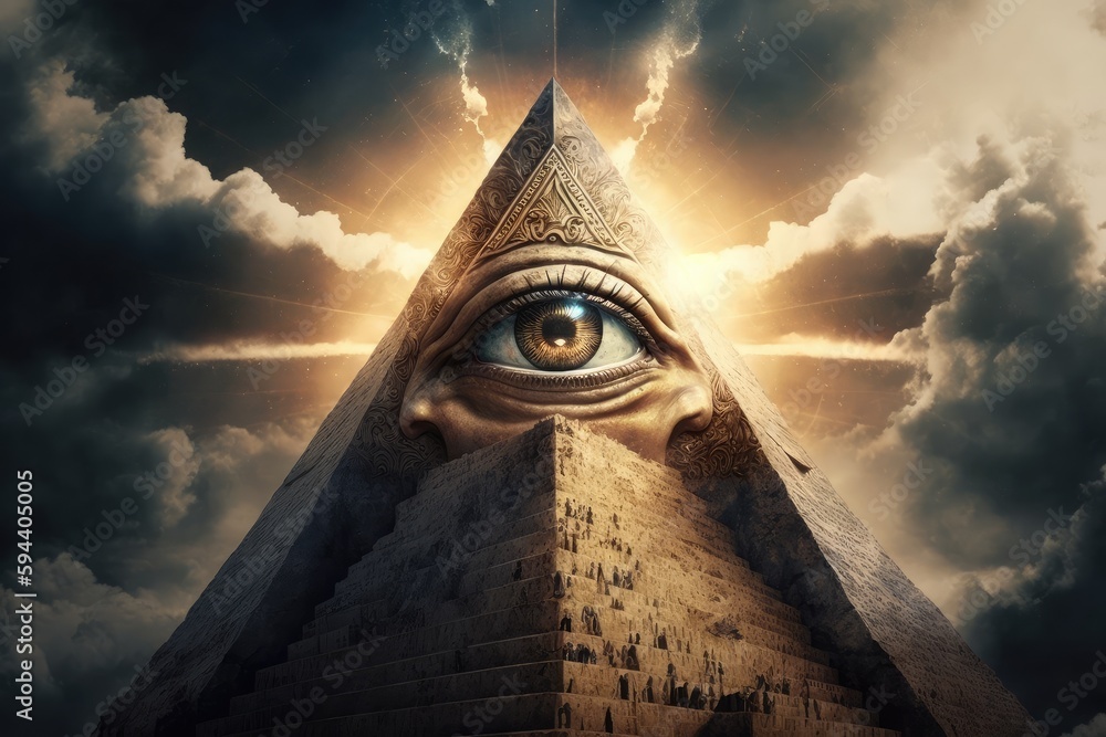 all-seeing eye on top of the pyramid, with rays of light shining down, created with generative ai - obrazy, fototapety, plakaty 
