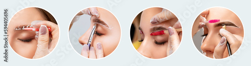 The make-up artist does Long-lasting styling of the eyebrows of the eyebrows and will color the eyebrows. Eyebrow lamination. Professional make-up and face care. photo