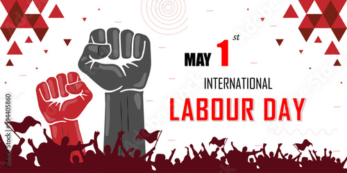 May 1st international labor day, red color abstract background with geometric design, workers unity and gain human rights, cheering people with flags in rally, raised fist, global labour celebration