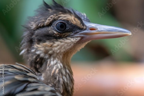Foto close-up of fledgling bird, with its tiny beak and feathers in focus, created wi