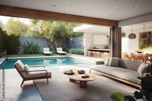 Architecture image of modern design living room and pool. Generative AI.