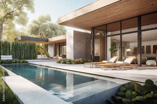 Architecture image of luxurious modern design home backyard and pool. Generative AI.