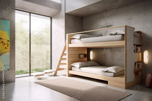 Modern design child's bedroom with double bunk beds. Generative AI. photo