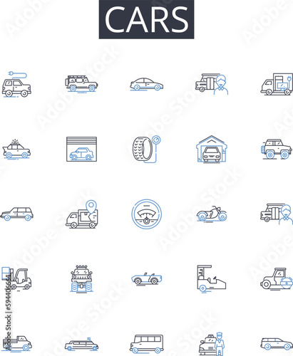 Cars line icons collection. Boats, Vans, Planes, Trucks, Cycles, Buses, Wagons vector and linear illustration. Jeeps,Sledges,Hovercrafts outline signs set