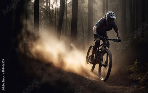 Expert mountain bike cyclist descending downhill in the forest. 