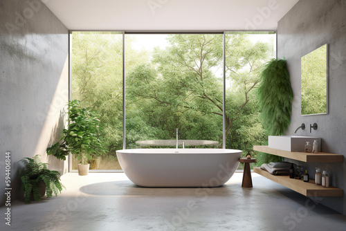 Luxury modern design bathroom with bathtub and large window and plants. Generative AI.