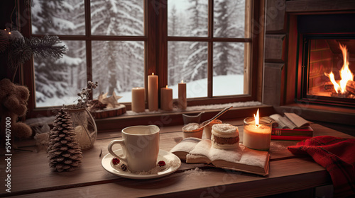 Cozy winter scene with fireplace and hot cocoa and winter related things