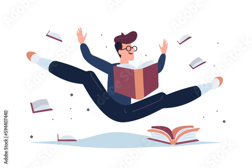 Happy male reader floating in air while enjoying a good book. Bookworm and hobby concept. Vector illustration