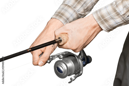 Man with a fishing rod on White background